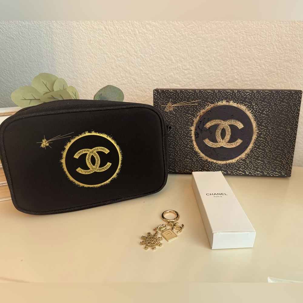 Chanel Holiday Novelty Items Bundle: Black Cosmetic pouch & 2024 Gold Key Charm